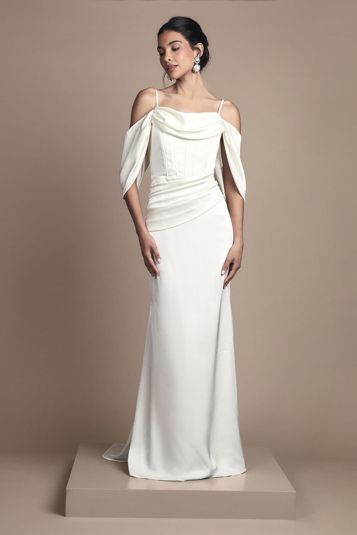 Coast Coast Women's Cowl Neck Corset Drape Satin Maxi Wedding Dress in Oyster