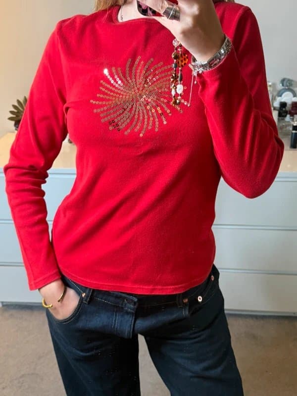 Marks & Spencer Vintage M&S red long sleeve sequin swirl pattern embroidered top