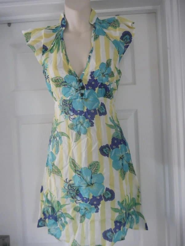 Carbon Carbon Dress Ladies Size 12 Yellow Stripe Cotton Summer Holiday Tea Dress BNWT