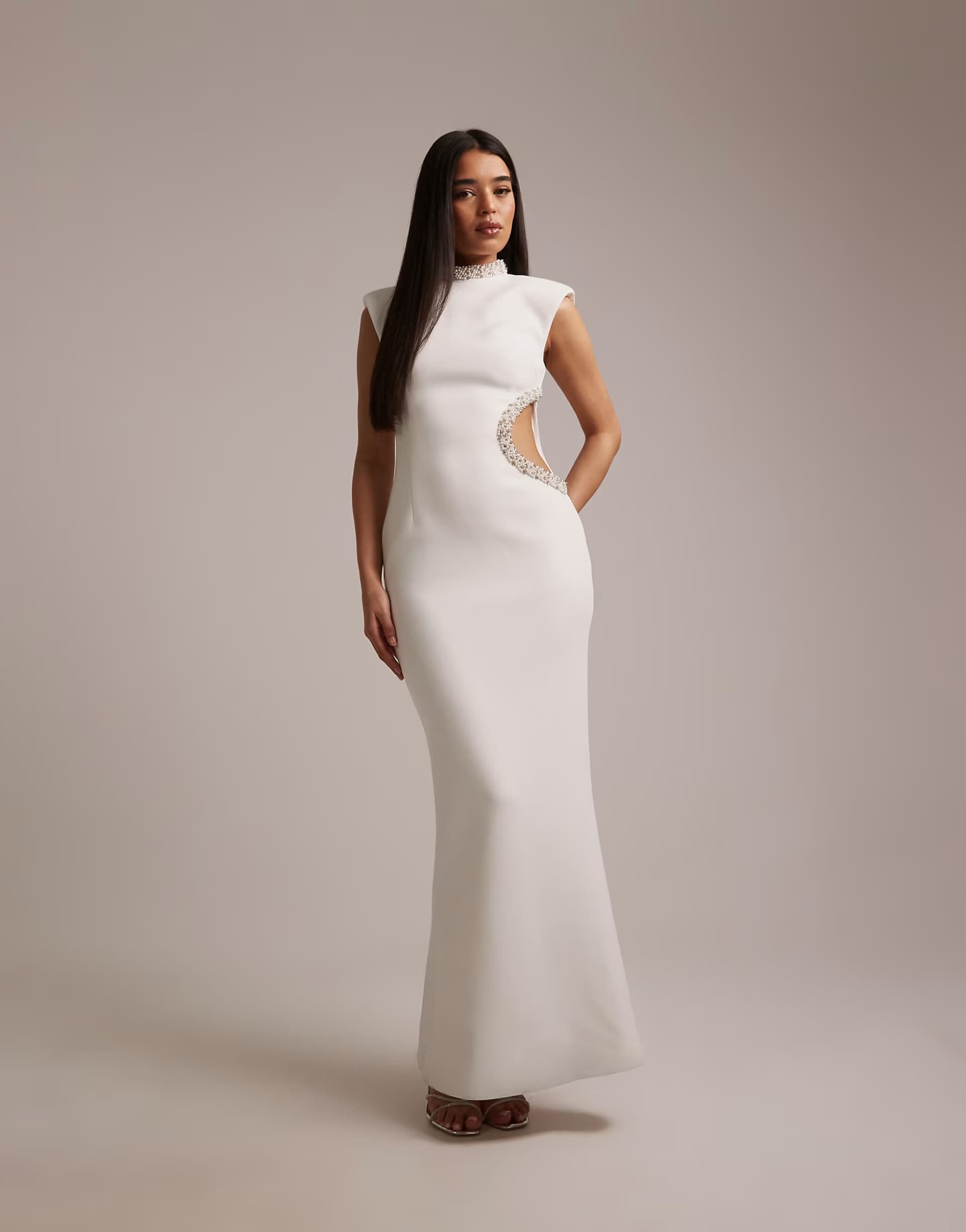 ASOS Wanderdoll Crystal bridal high neck cut out diamante detail short sleeve maxi dress in white