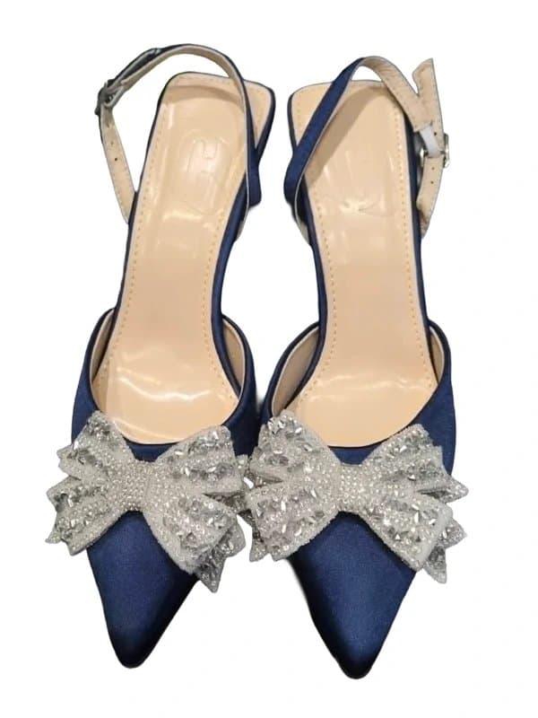 Cuccoo Navy Satin Bow Heels UK 4 EU 37 Slingback Evening Shoes