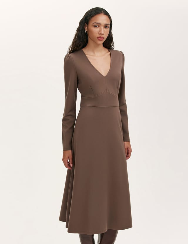 Finery London Finery London Women's Seraphina Ponte Jersey V Neck Midi Dress in Chocolate - 2