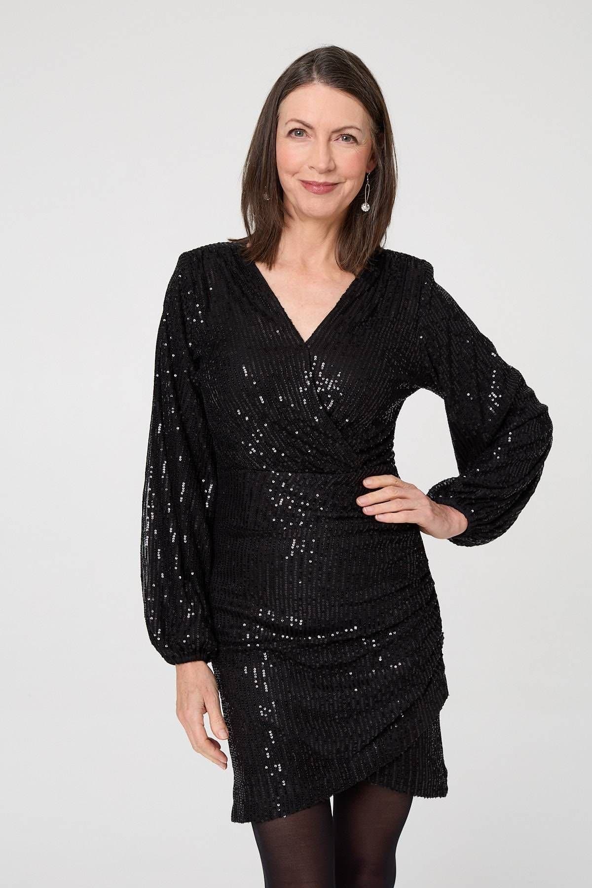 Izabel London Izabel London Women's Sequinned Long Sleeve Short Wrap Dress in Black