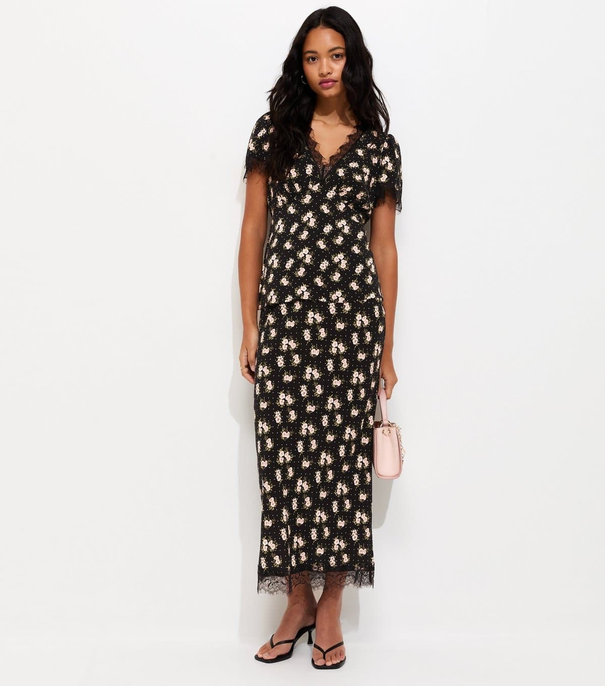 New Look Women's Black Floral Print Lace Trim Midi Skirt New Look