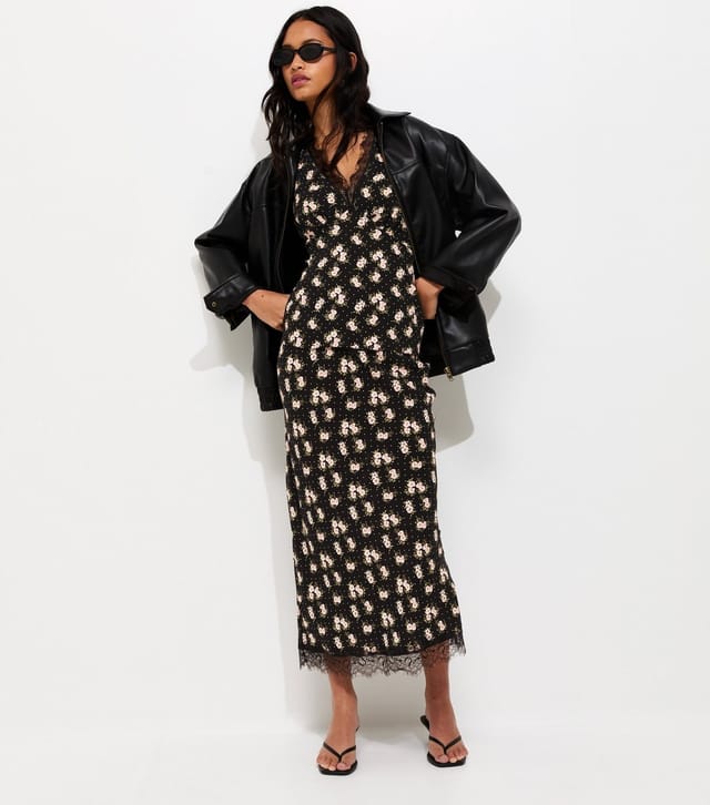 New Look Women's Black Floral Print Lace Trim Midi Skirt New Look - 3