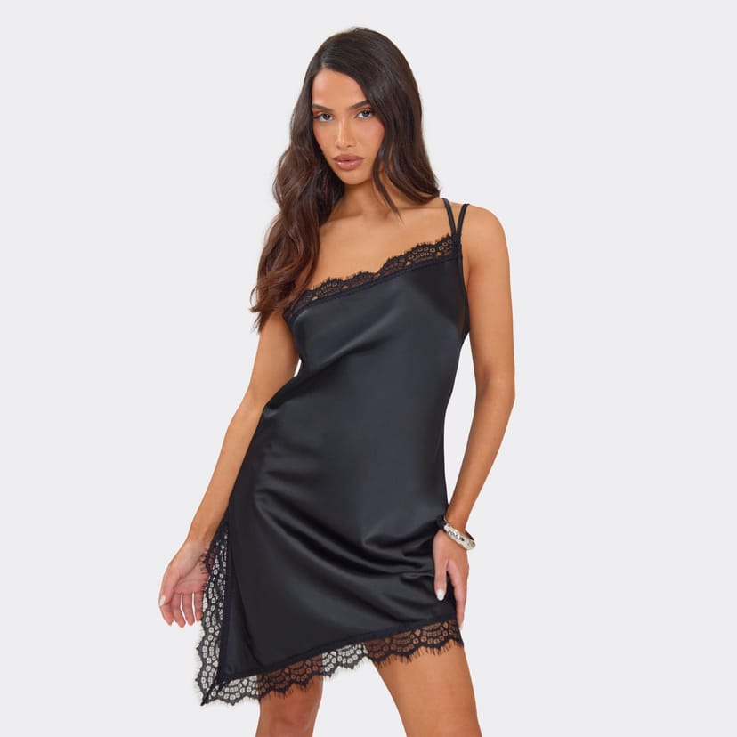 EGO One Shoulder Double Strap Lace Trim Asymmetric Mini Dress In Black Satin, Women's Size UK 6 - 1