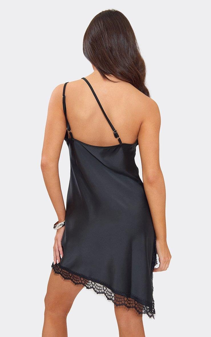 EGO One Shoulder Double Strap Lace Trim Asymmetric Mini Dress In Black Satin, Women's Size UK 6 - 2