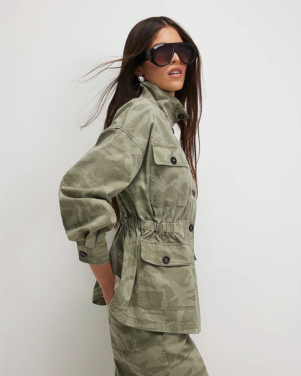 River Island River Island Womens Khaki Camo Print Funnel Neck Denim Jacket
