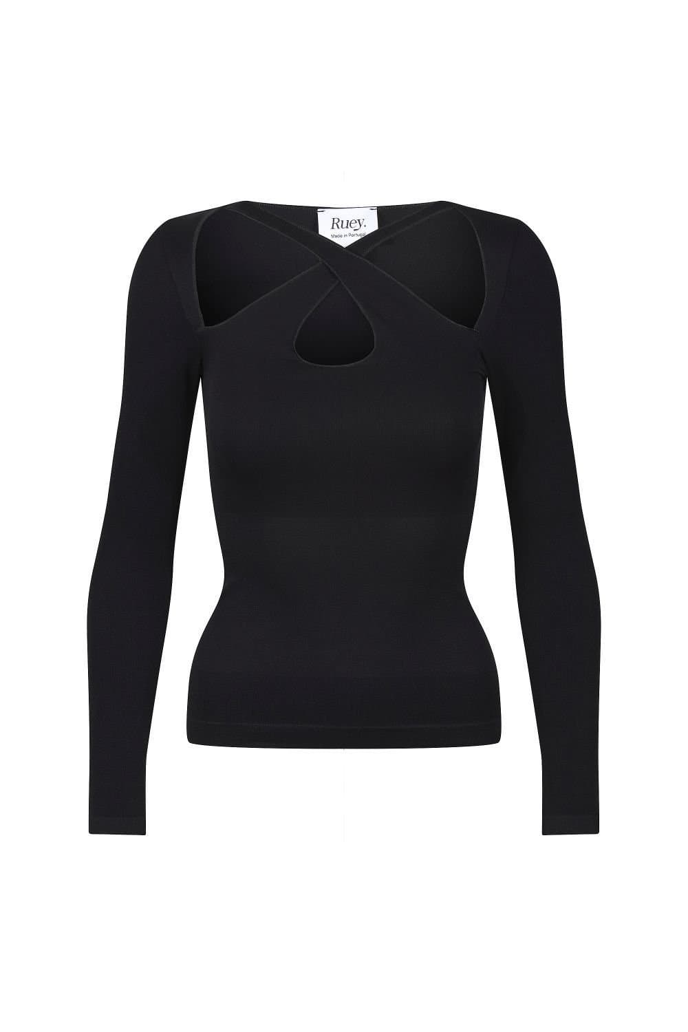 Ruey Ruey Black Sculpting Stretch Fit Cross Over T-Shirt