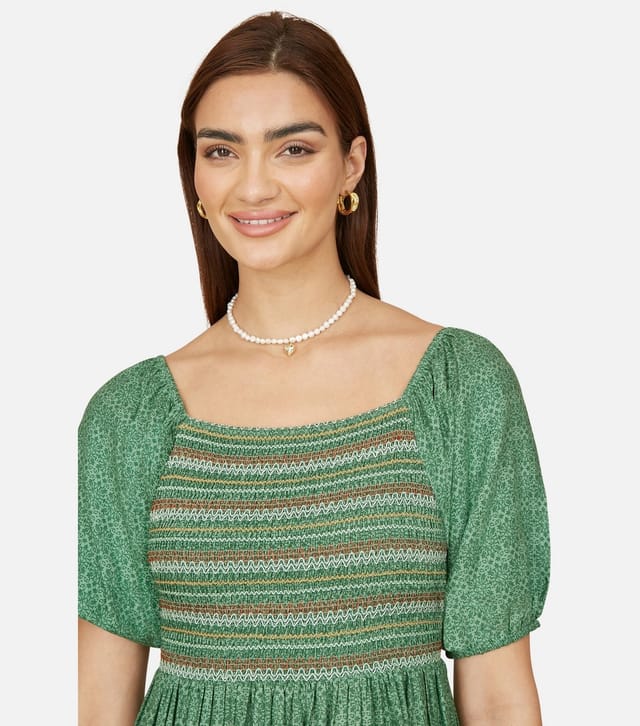 Yumi Women's Green Leaf Print Milkmaid Dress Yumi New Look - 3