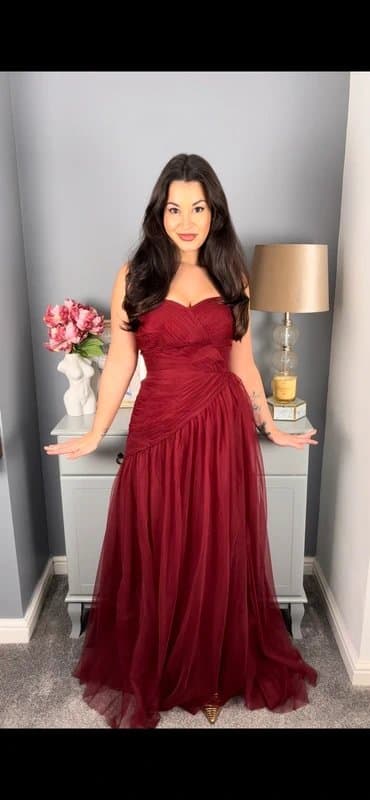 Fehaute Burgundy corset back evening prom dress 8