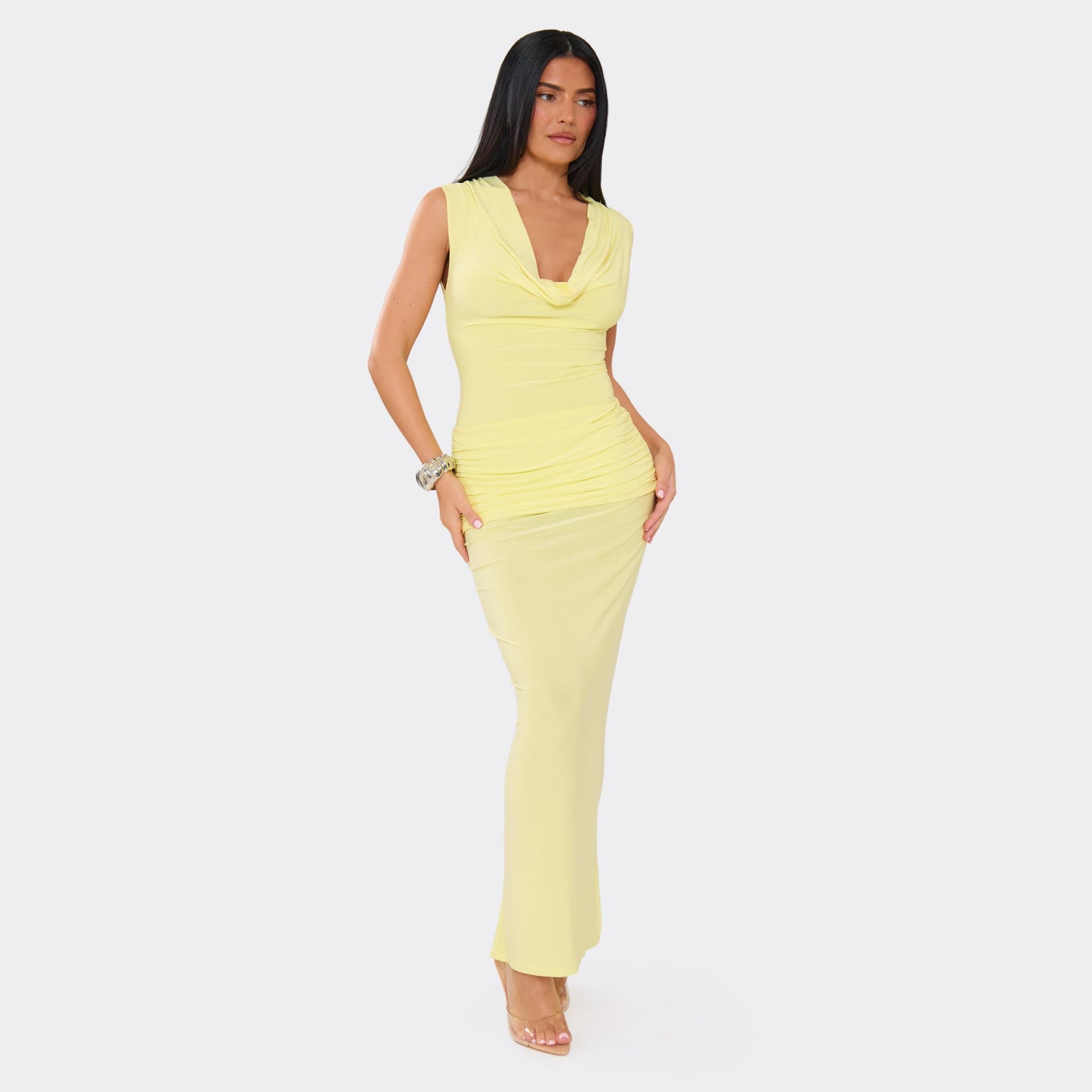 EGO Cowl Neck Ruched Maxi Dress In Lemon, Women's Size UK 6