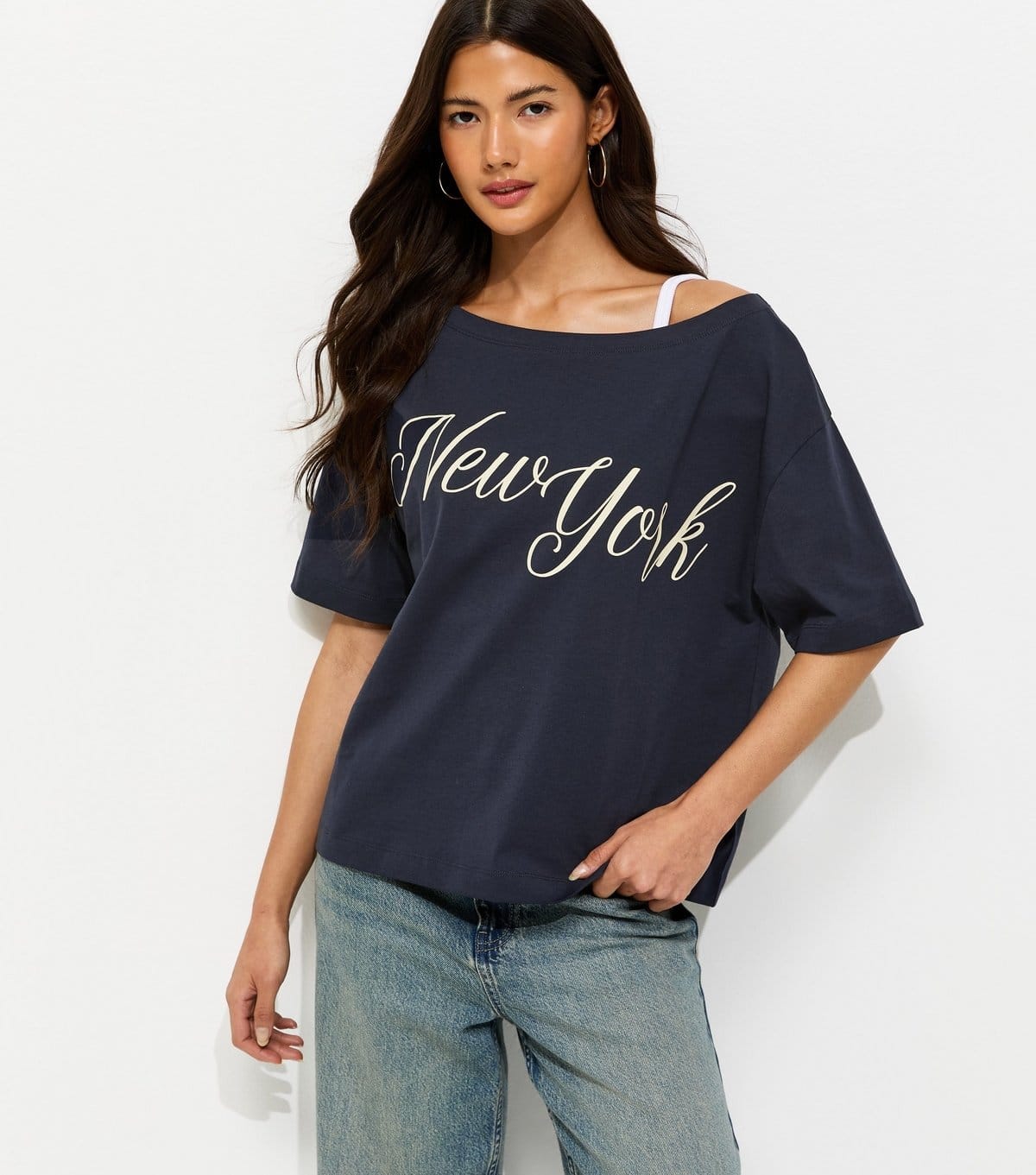 New Look Navy New York Off-Shoulder T-Shirt