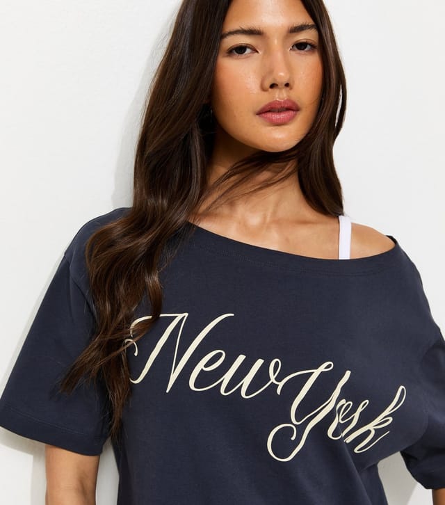 New Look Women's Navy New York Off The Shoulder T-Shirt New Look - 2