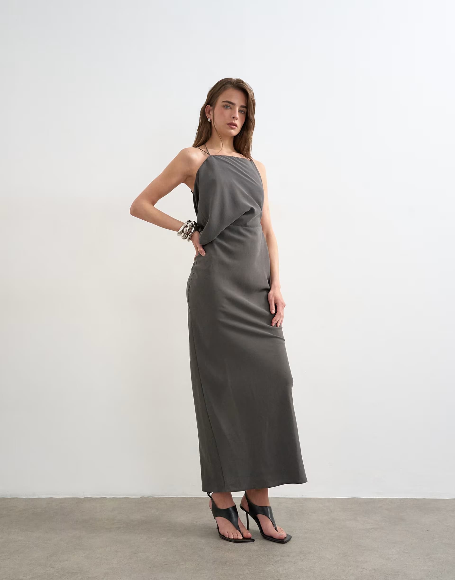ASOS Topshop asymmetric ruched side maxi dress in grey