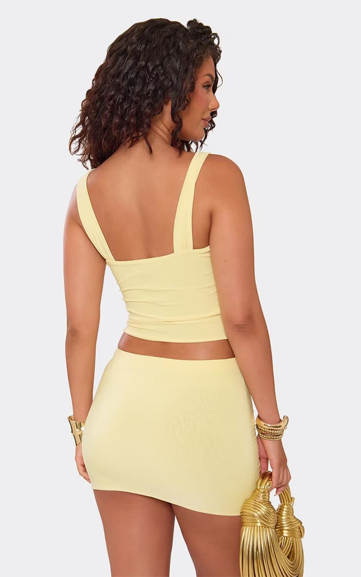 EGO Cut Out Trim Detail Ruched Mini Skirt In Lemon Slinky, Women's Size UK 6