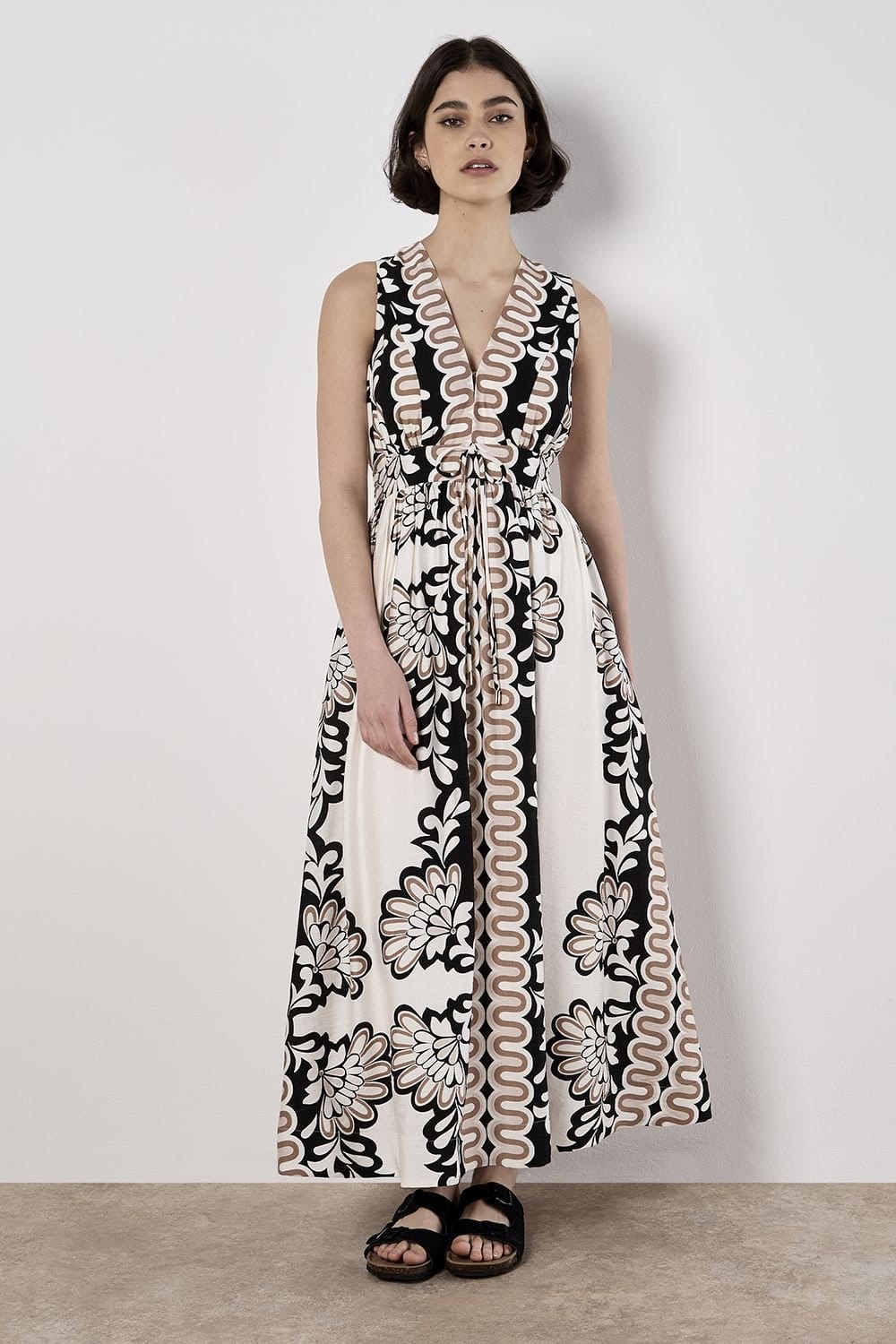 Apricot White Floral Swirl Maxi Dress