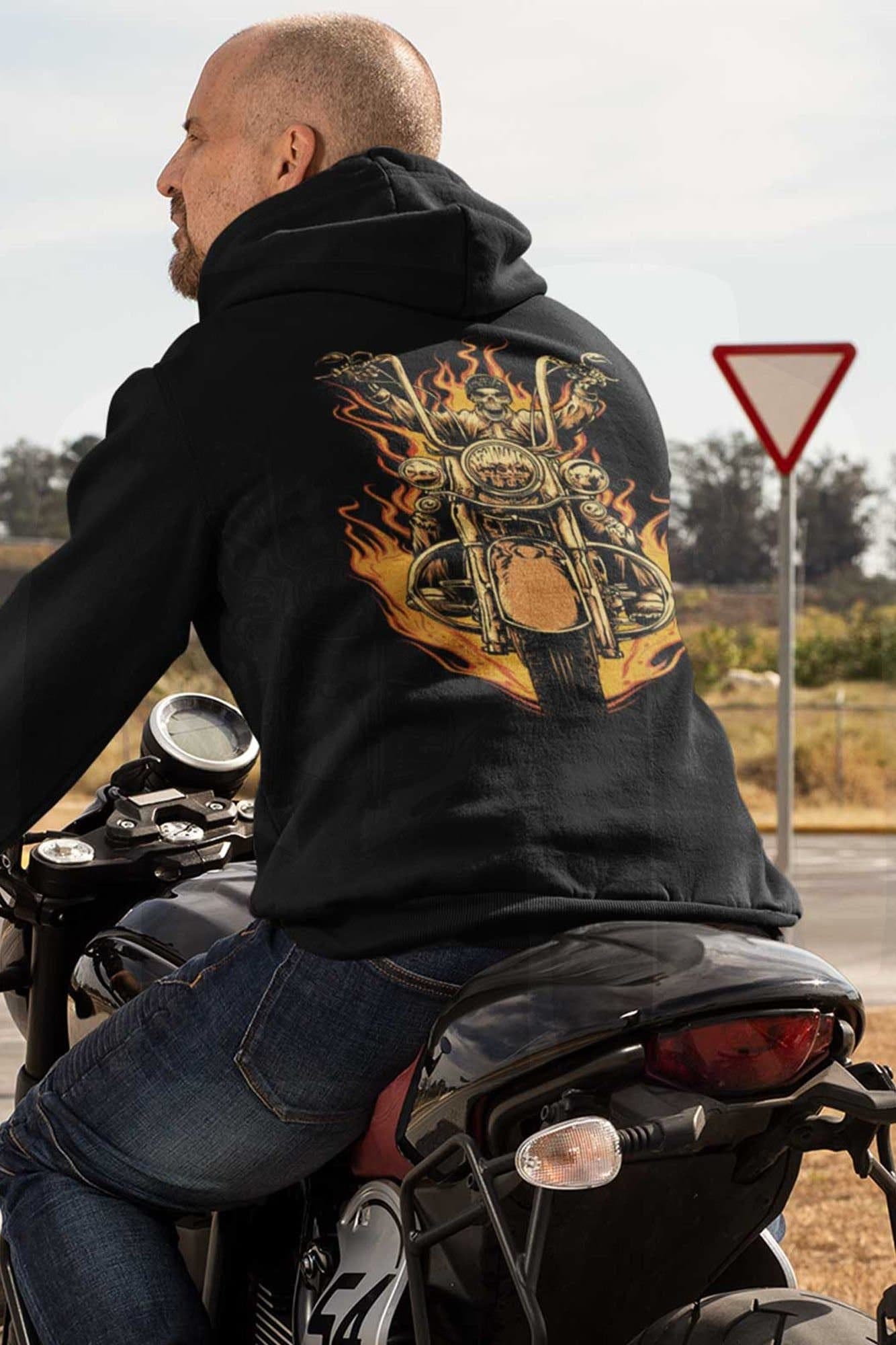 Bad Zebedee Bad Zebedee Men's Flaming Biker Hoodie Back Print in Black