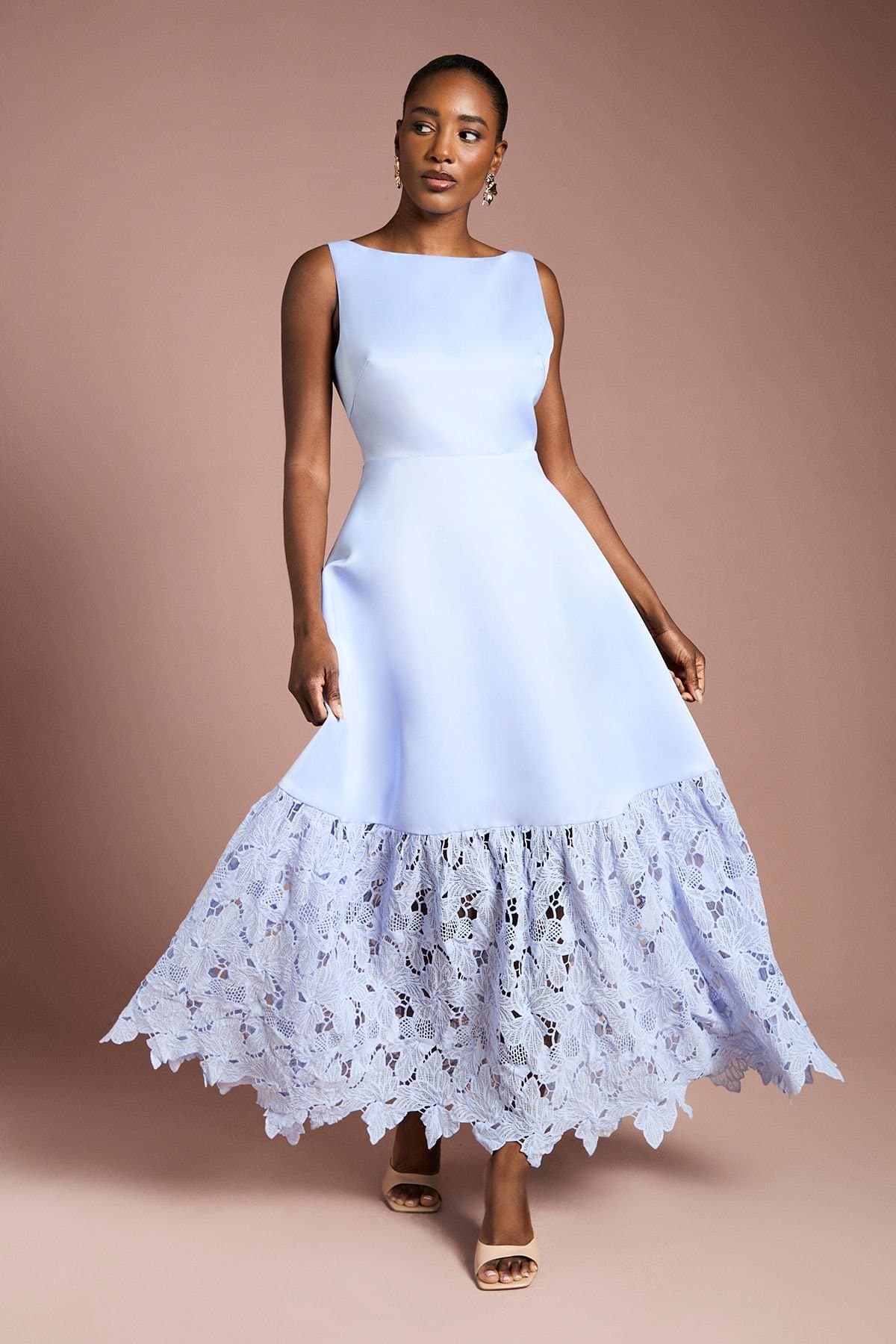 Coast Coast Women's Lace Hem Structured Satin Maxi Dress in Pale Blue