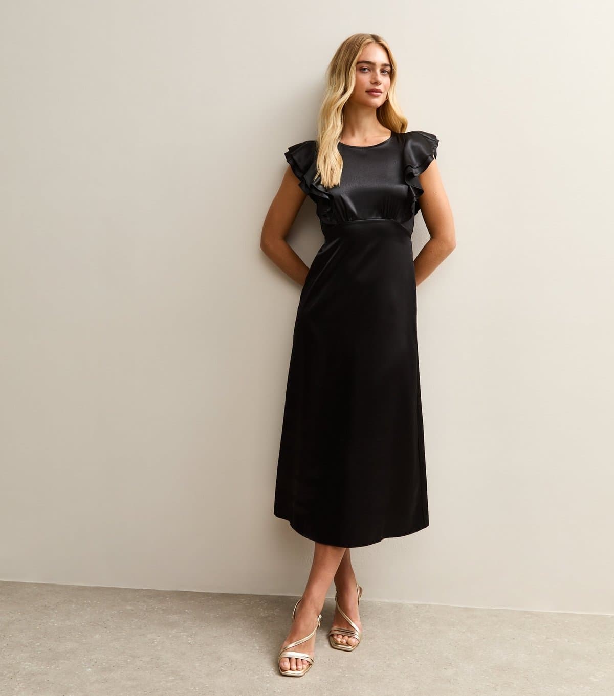 New Look New Look Black Satin Ruffled Sleeve Midi Dress