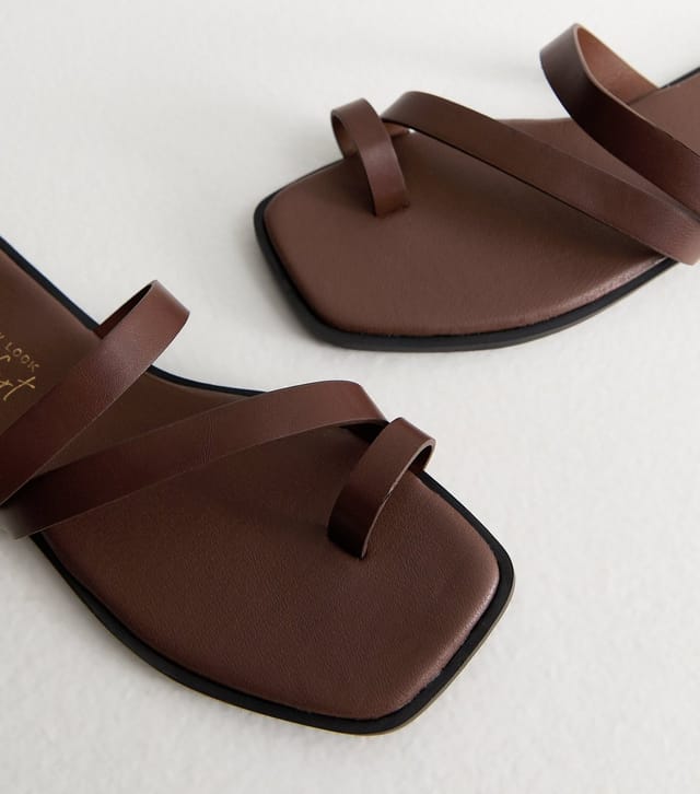 New Look Women's Brown Faux Leather Multi Strap Toe Post Sandals Vegan New Look - 3