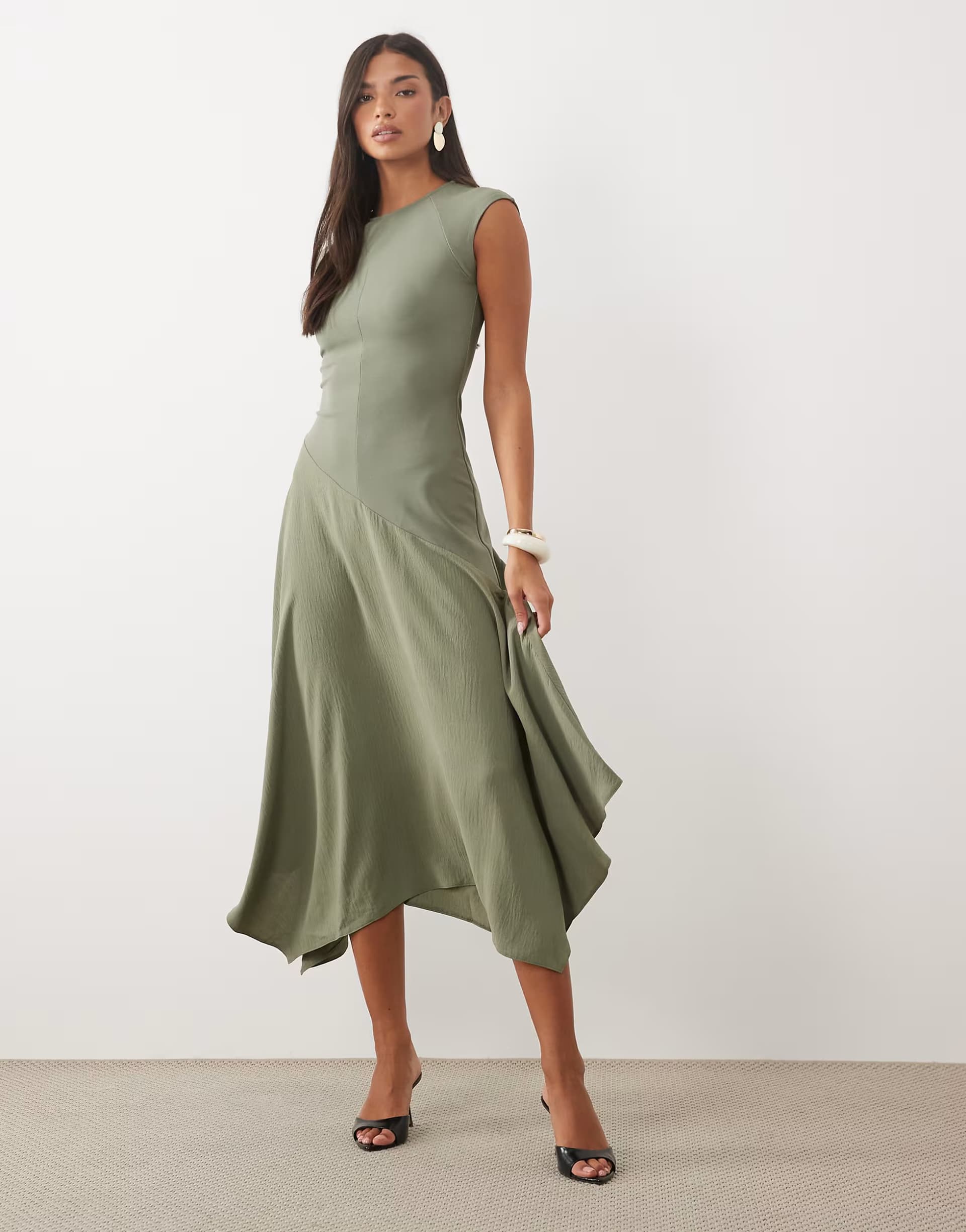 ASOS ASOS DESIGN hybrid midi dress with asymmetric drop waist in khaki contrast