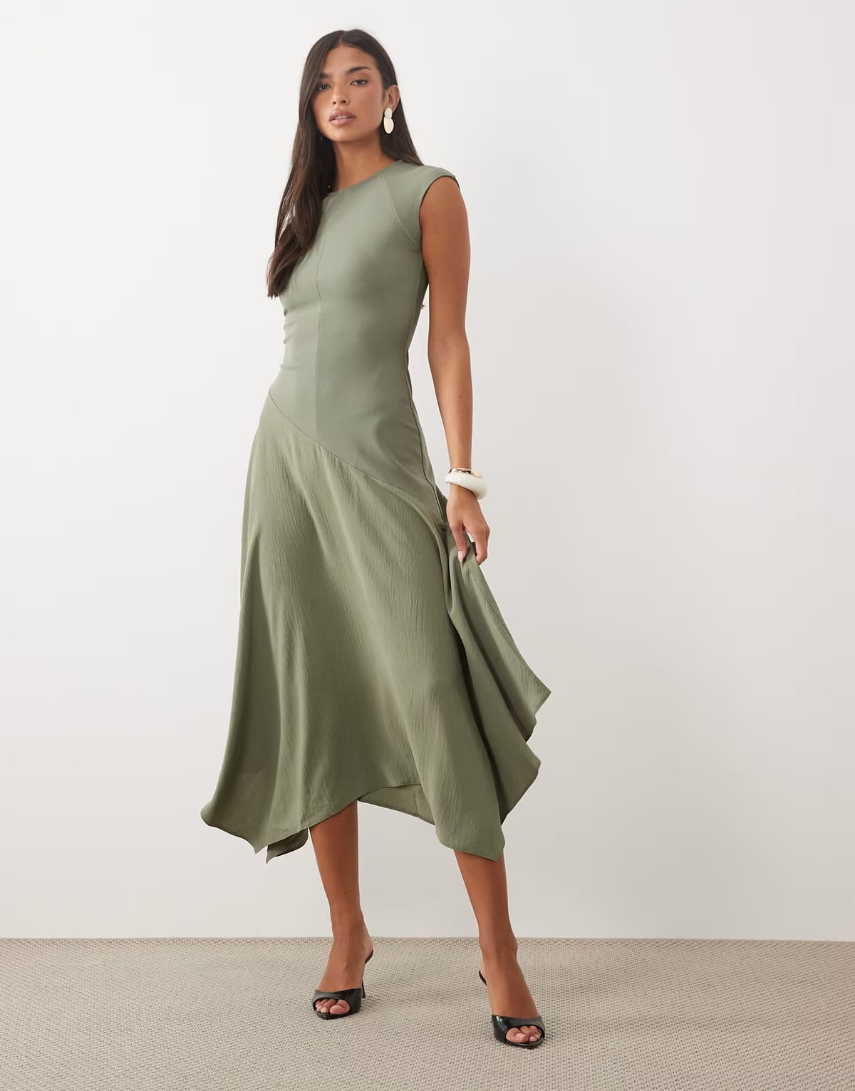 ASOS ASOS DESIGN hybrid midi dress with asymmetric drop waist in khaki contrast - 1