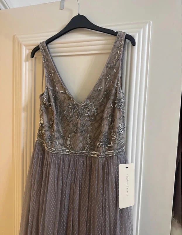 Adrianna Papell Beautiful Adrianna Papell beaded maxi dress in a soft lilac / silver-grey tone