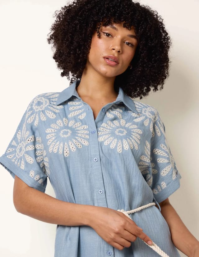 Blue Vanilla Floral Cutwork Embroidery Dress - 2