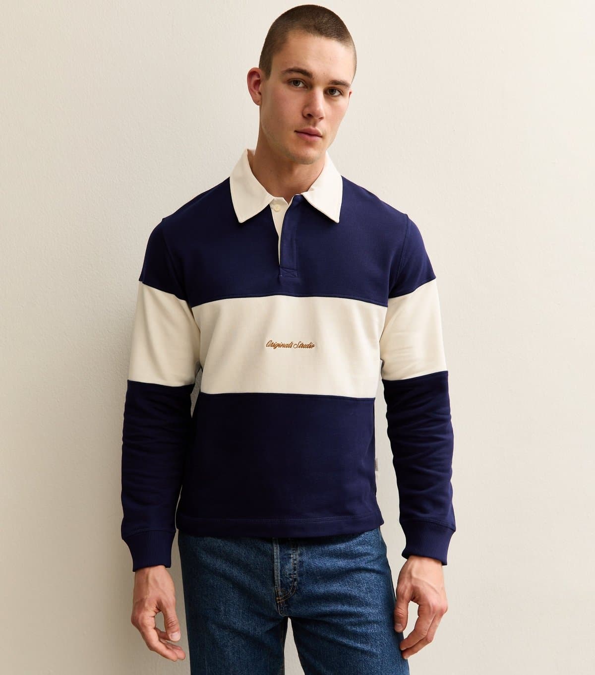 jack & jones Men's Navy Stripe Long Sleeve Polo Top Jack & Jones New Look