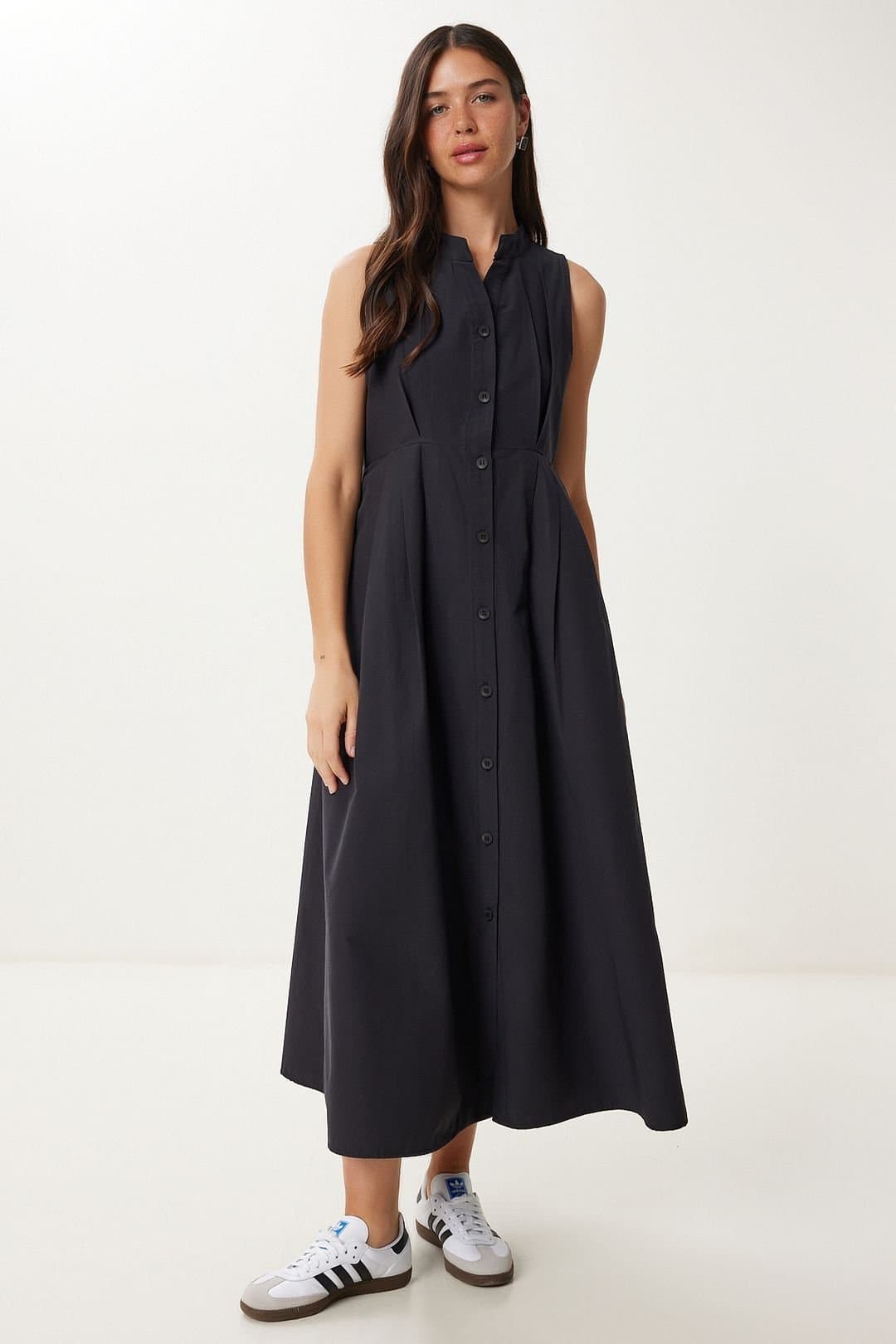 Happiness Istanbul Happiness Istanbul Women's Mandarin Collar Sleeveless A-Line Midi Dress in Black