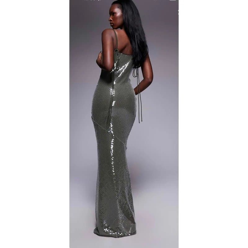 ASOS ASOS sheer sequin cowl neck maxi dress with strappy back in khaki