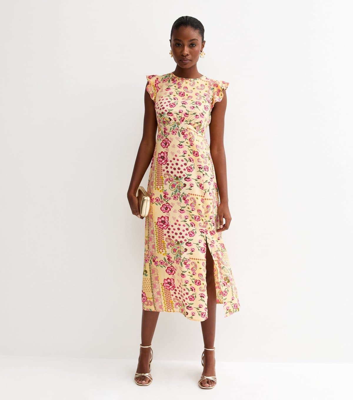 New Look Women's Pink Crepe Patchwork Print Slit Hem Midi Dress New Look