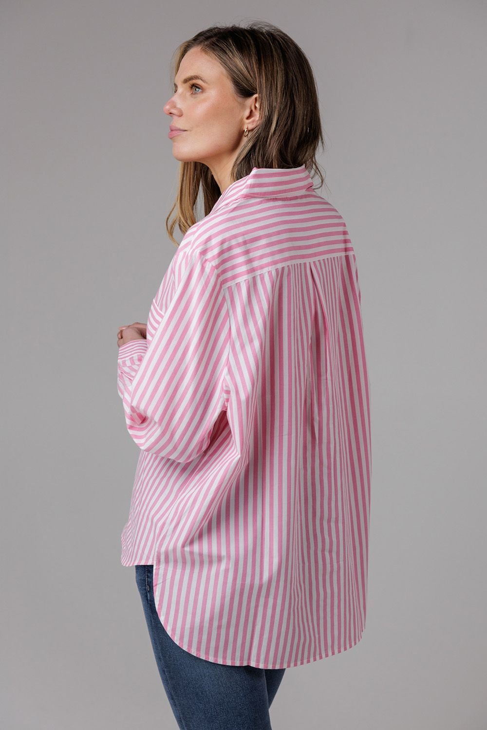 French Connection French Connection Women's Cotton Relaxed-Fit Long Sleeve Striped Popover High-Low Hem Shirt in Pink - 2