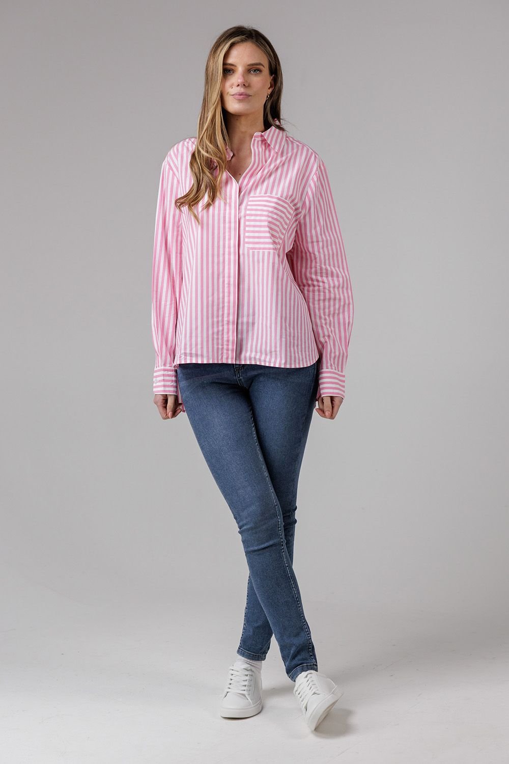 French Connection French Connection Women's Cotton Relaxed-Fit Long Sleeve Striped Popover High-Low Hem Shirt in Pink - 3