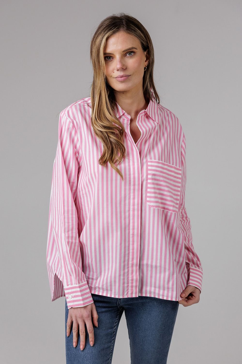 French Connection French Connection Women's Cotton Relaxed-Fit Long Sleeve Striped Popover High-Low Hem Shirt in Pink - 4