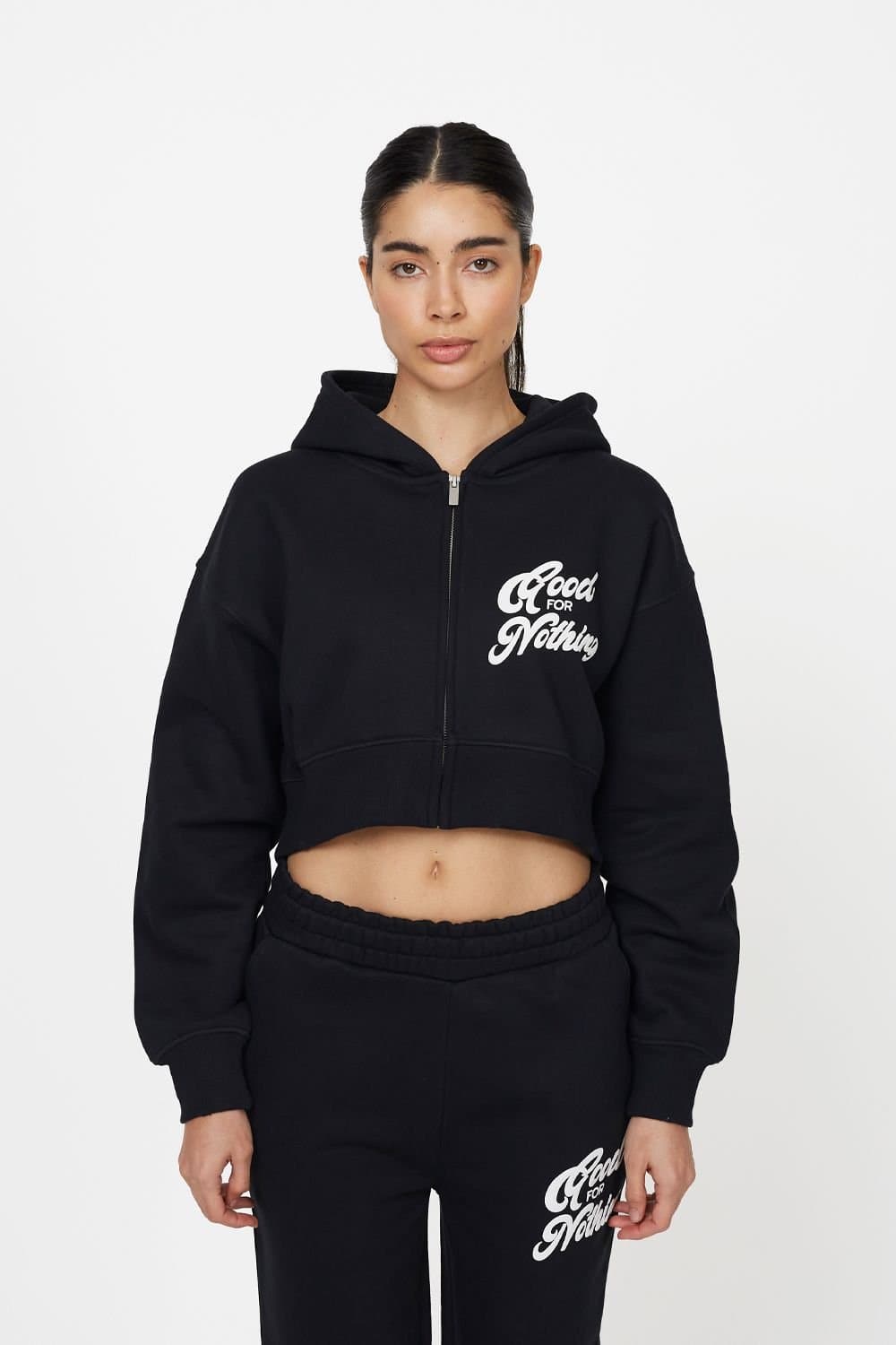 Good For Nothing Good For Nothing Women's Cropped Zip Through Hoodie in Black