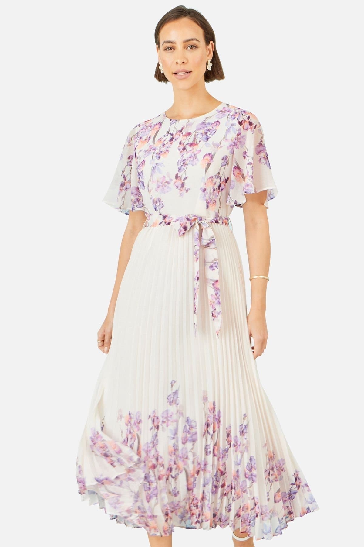 Yumi Yumi Women's Ivory Floral Mirror Pleated Midi Dress in Lavender