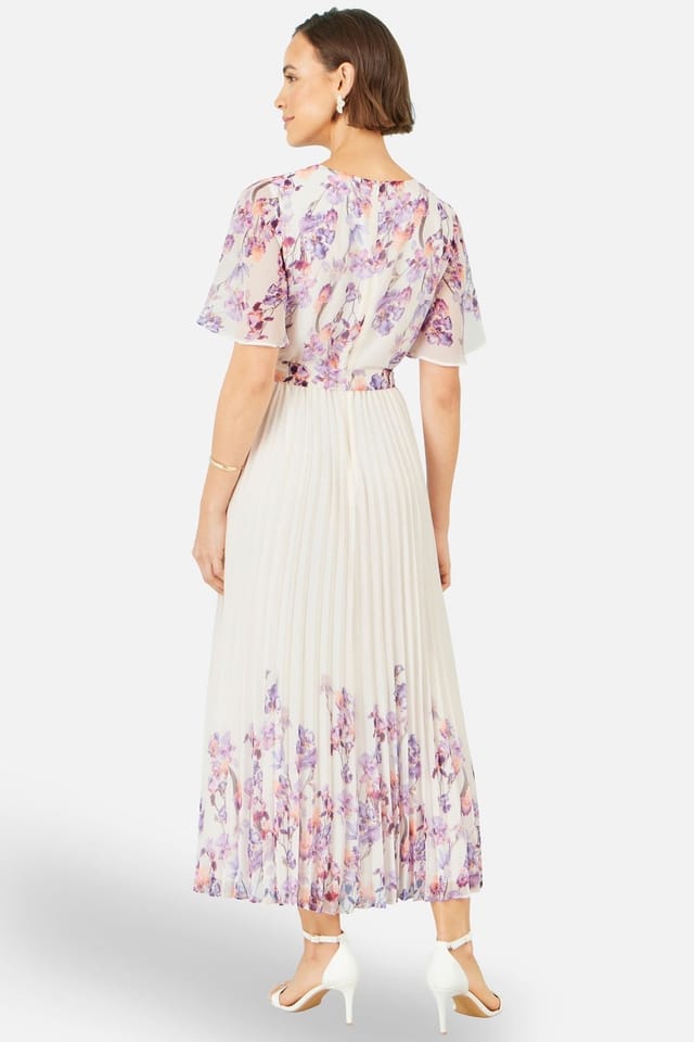 Yumi Yumi Women's Ivory Floral Mirror Pleated Midi Dress in Lavender - 3