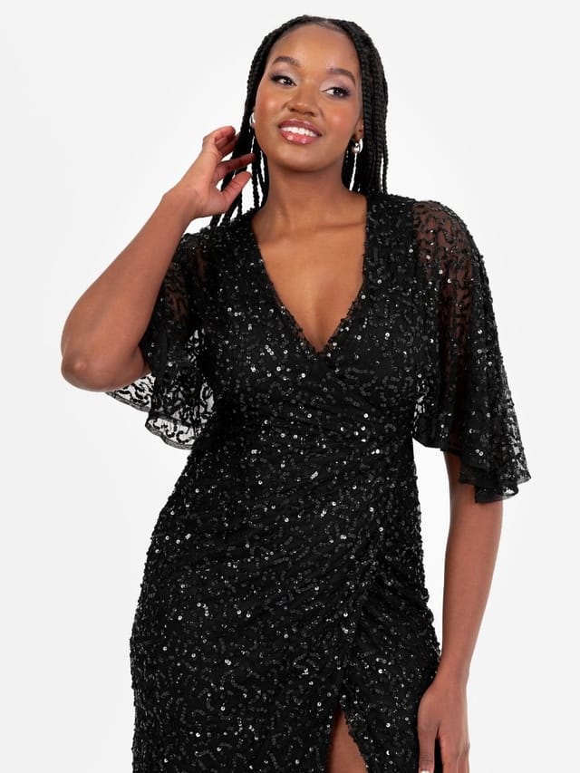 Maya Deluxe Maya Deluxe Women's Fully Embellished Faux Wrap Midi Dress in Black - 2