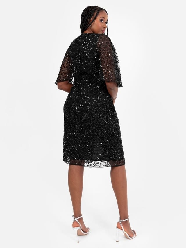 Maya Deluxe Maya Deluxe Women's Fully Embellished Faux Wrap Midi Dress in Black - 3