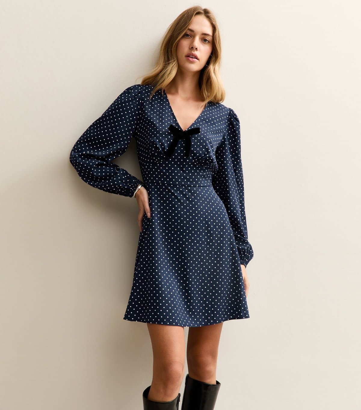 New Look Women's Blue Polka Dot Print Bow Trim Long Sleeve Mini Dress New Look