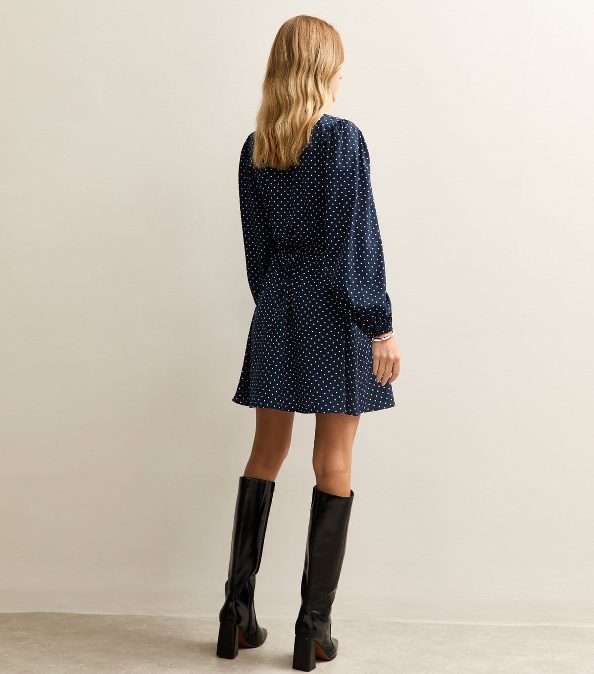 New Look Women's Blue Polka Dot Print Bow Trim Long Sleeve Mini Dress New Look - 4