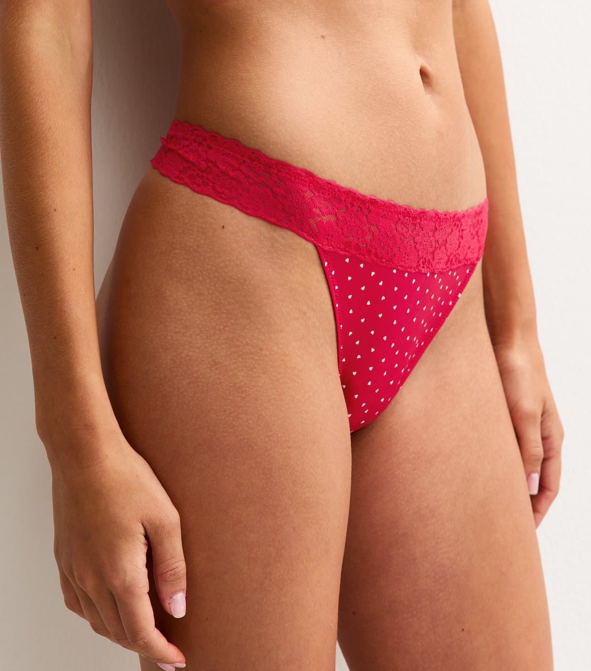 New Look Women's Red Heart Print Lace Top Thong New Look