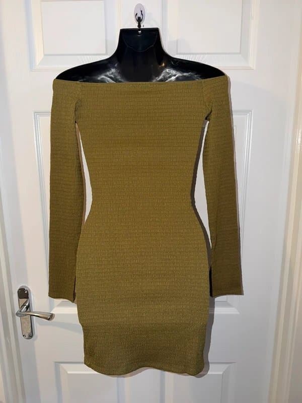 Bershka Bershka Khaki Off Shoulder Textured Mini Dress UK 6 (XS) Bnwot Bodycon