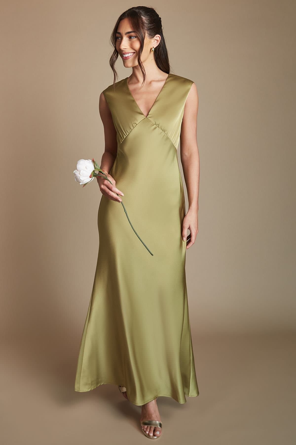 Oasis Oasis Women's Olive Satin Open Back Detail Maxi Bridesmaid Dress
