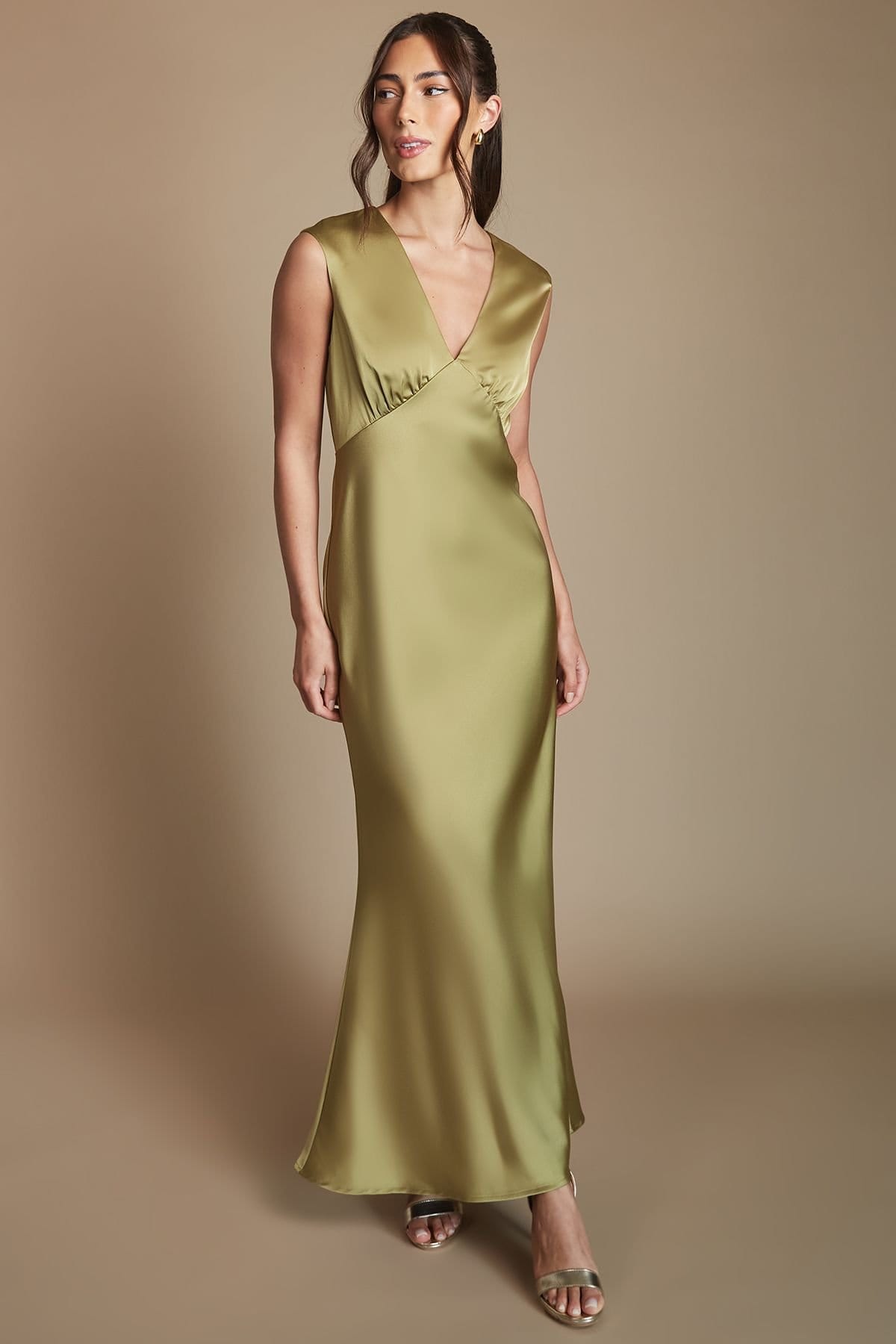 Oasis Oasis Women's Olive Satin Open Back Detail Maxi Bridesmaid Dress - 4