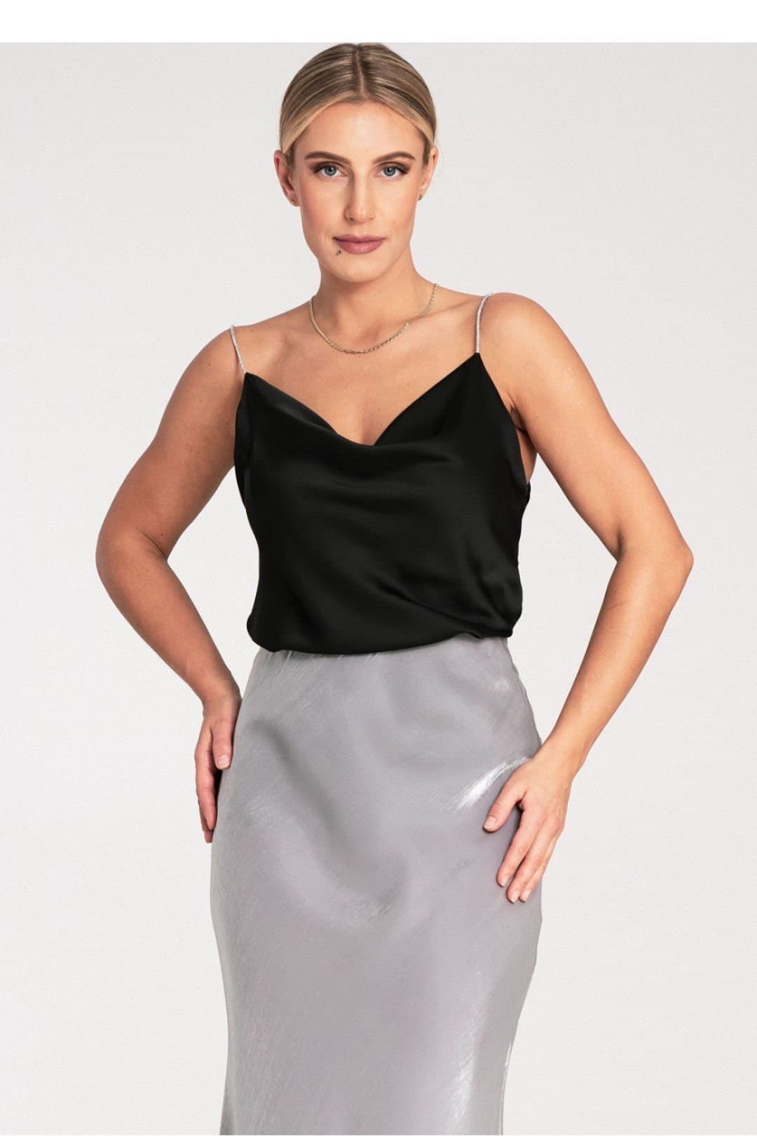Love Lace Love Lace Black Satin Crystal Strap Waterfall Neckline Top
