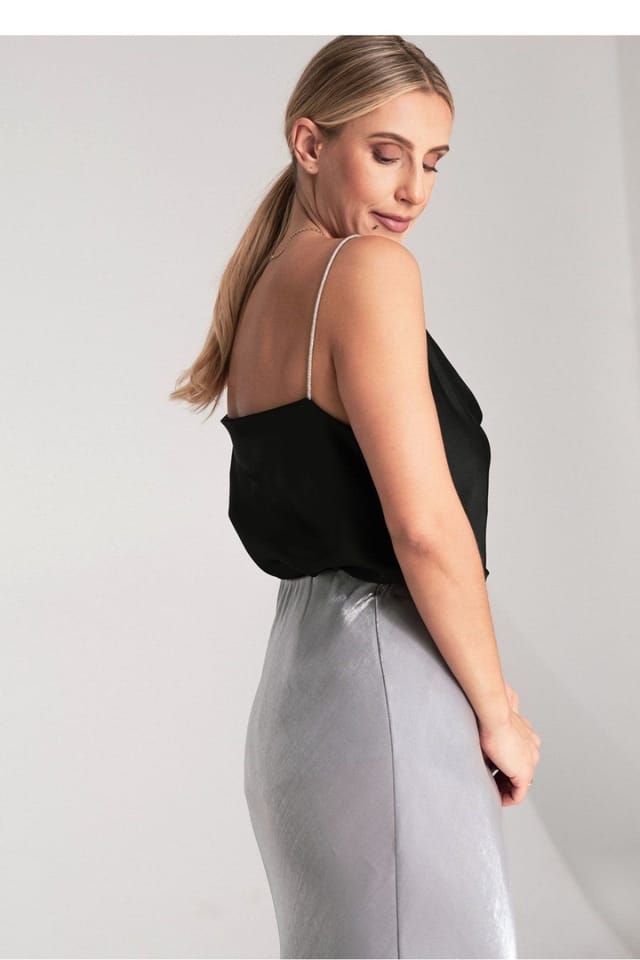 Love Lace Love Lace Women's Satin Crystal Strap Waterfall Neckline Top in Black - 3