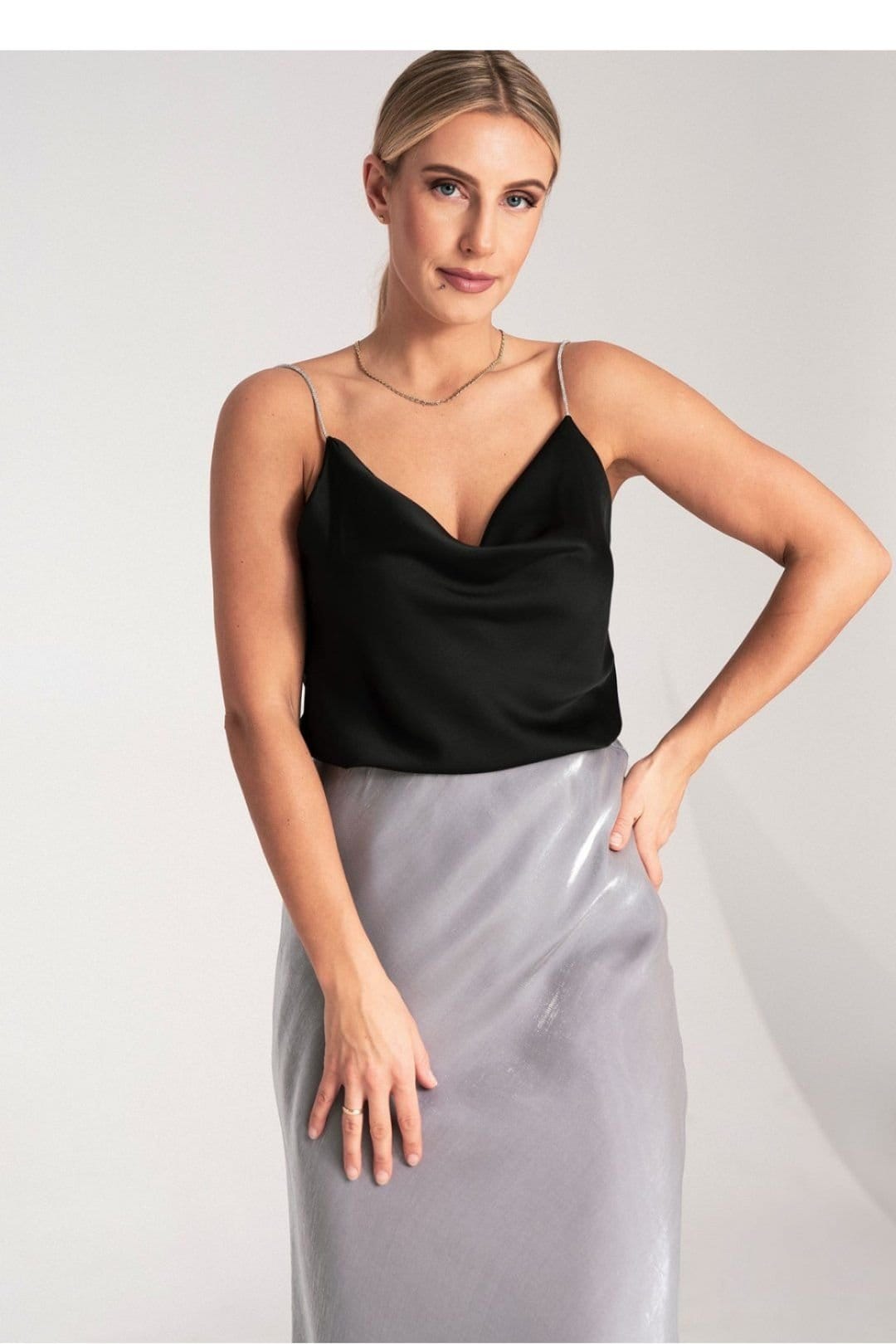 Love Lace Love Lace Women's Satin Crystal Strap Waterfall Neckline Top in Black - 4